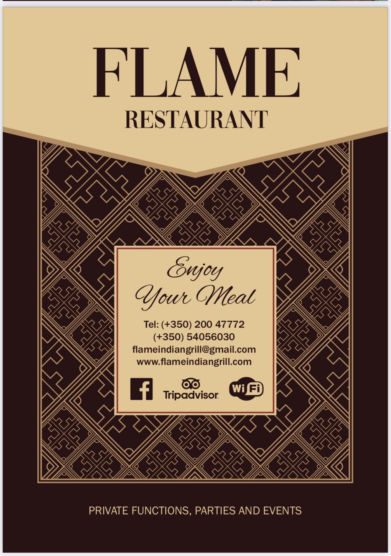 Flame Restaurant menu cover